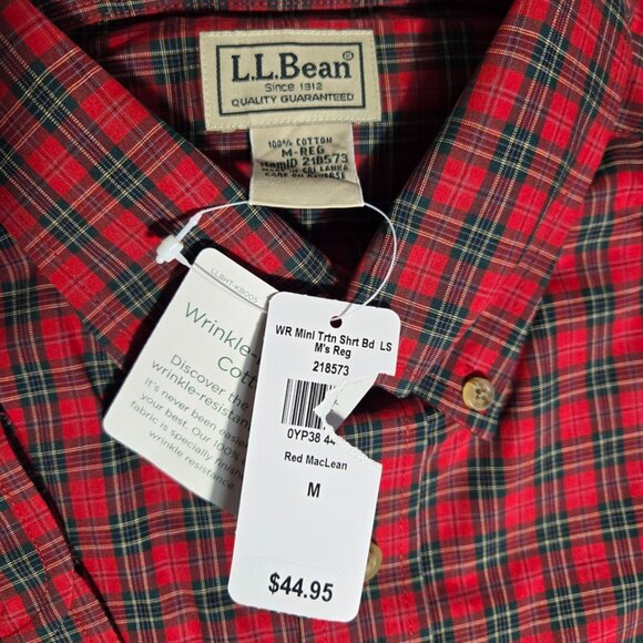 NEW L.L Bean Button Down Shirt Mens Medium Green Red Wrinkle Resistant Christmas - Picture 3 of 6